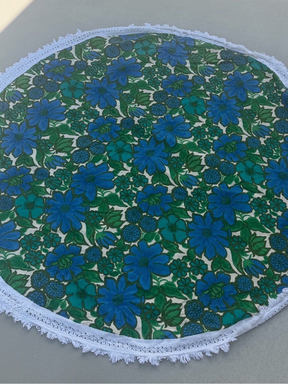 Vintage Retro Blue White Floral Round Tablecloth with Fringe Groovy